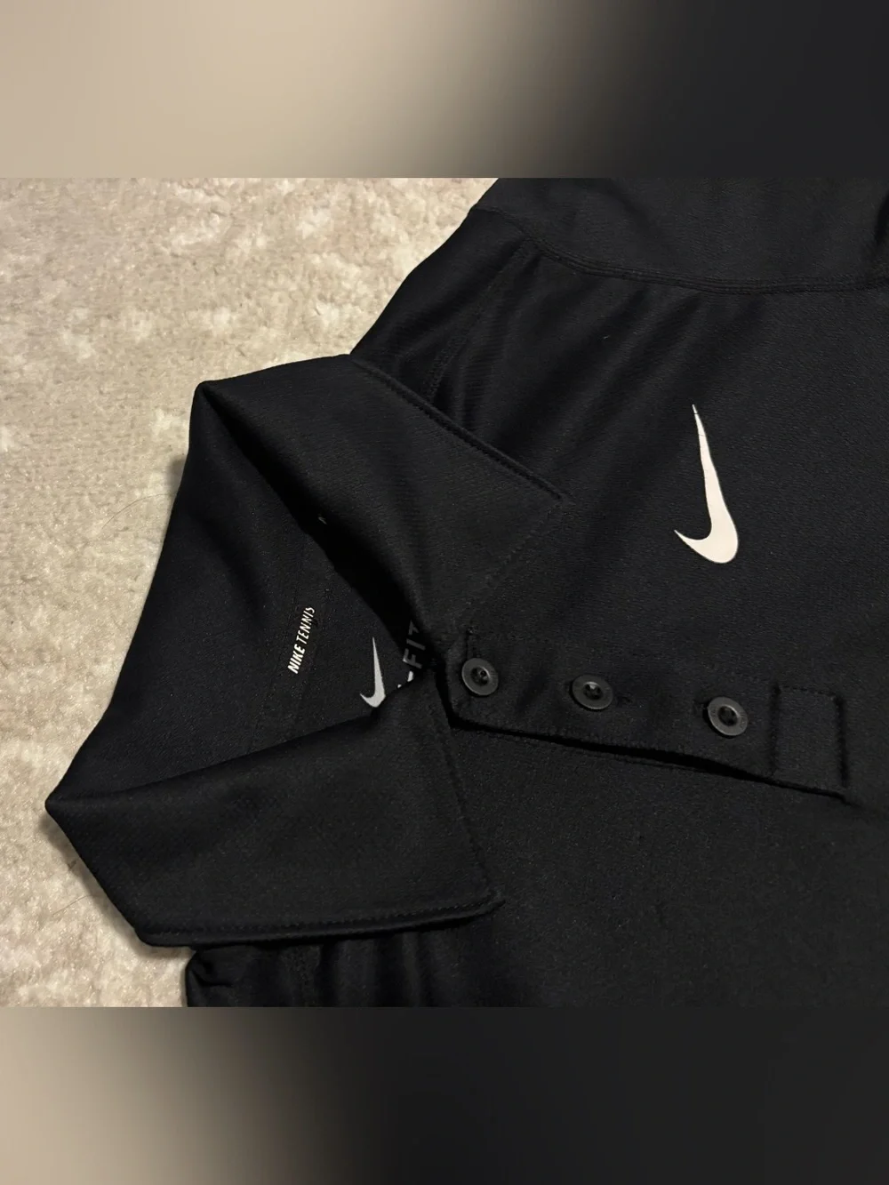 Nike Kids Dri-Fit Athletic Black Polo w/ White Swoosh & Side Stripes - Small